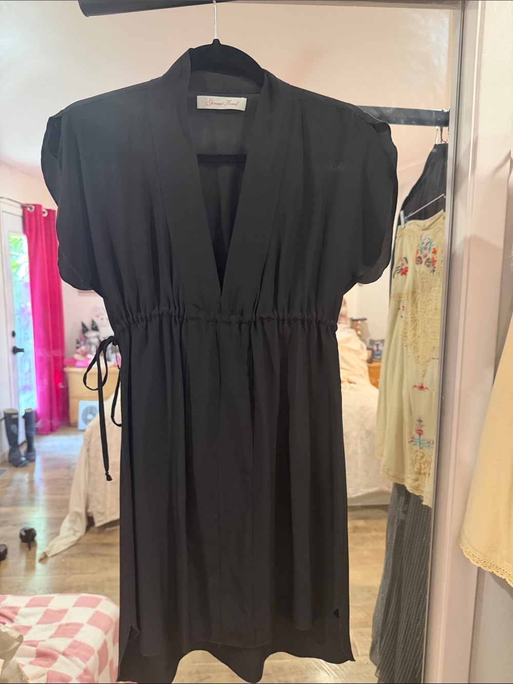 Geren Ford Black V-Neck Drawstring Waist Dress vintage Y2K